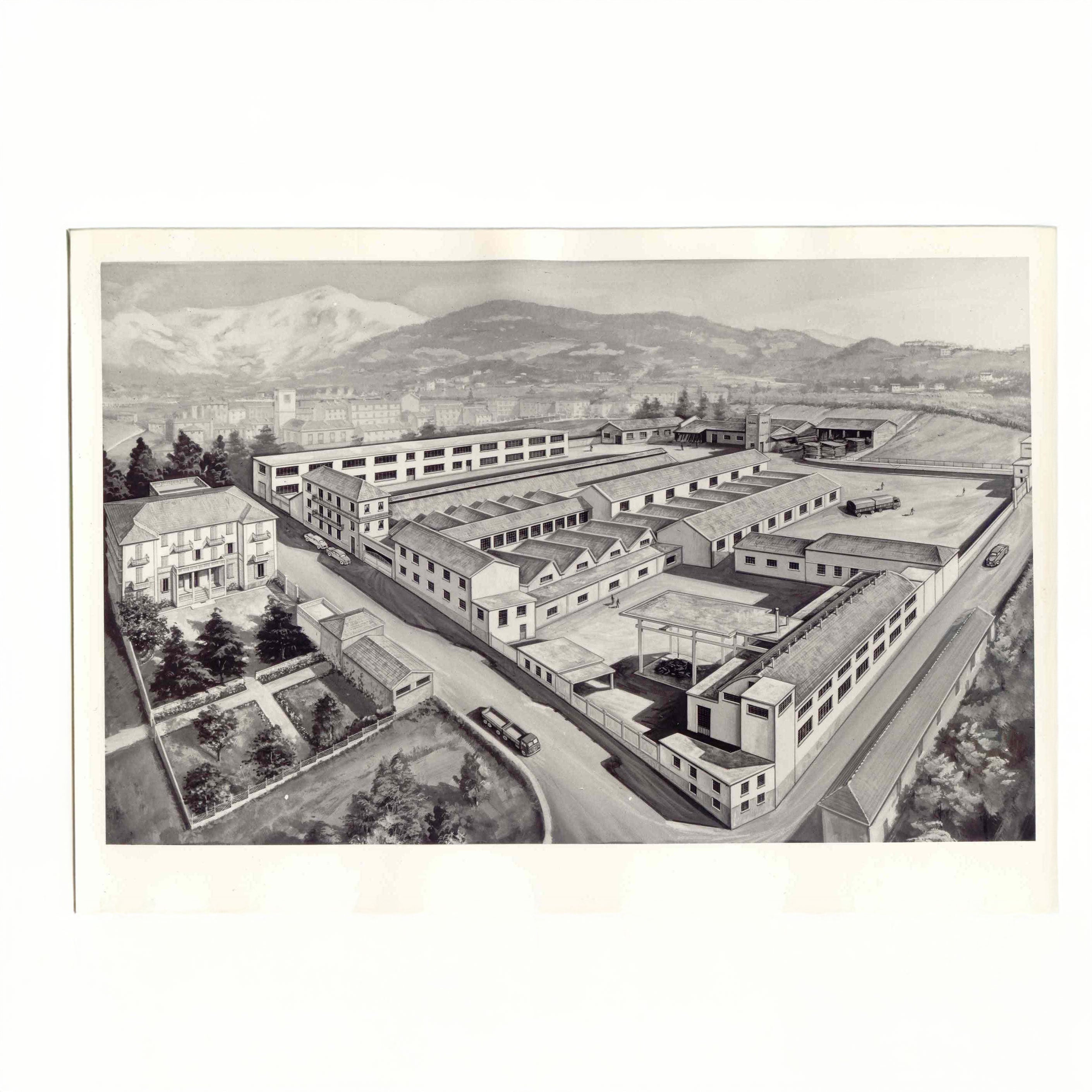 Illustrazione storica della fabbrica Facem nel 1938, anno di fondazione, con vista panoramica degli edifici industriali