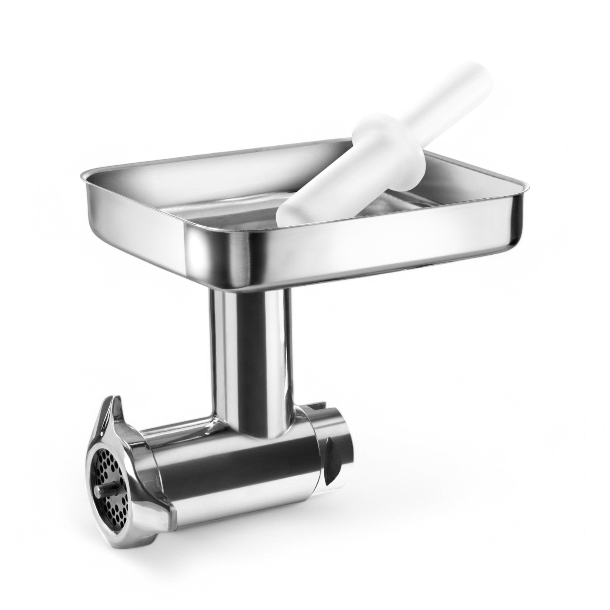 A Kit Tritacarne TC 12 EL INOX per spremipomodoro, made of stainless steel with a rectangular tray and white plastic pusher on top, isolated on a white background.