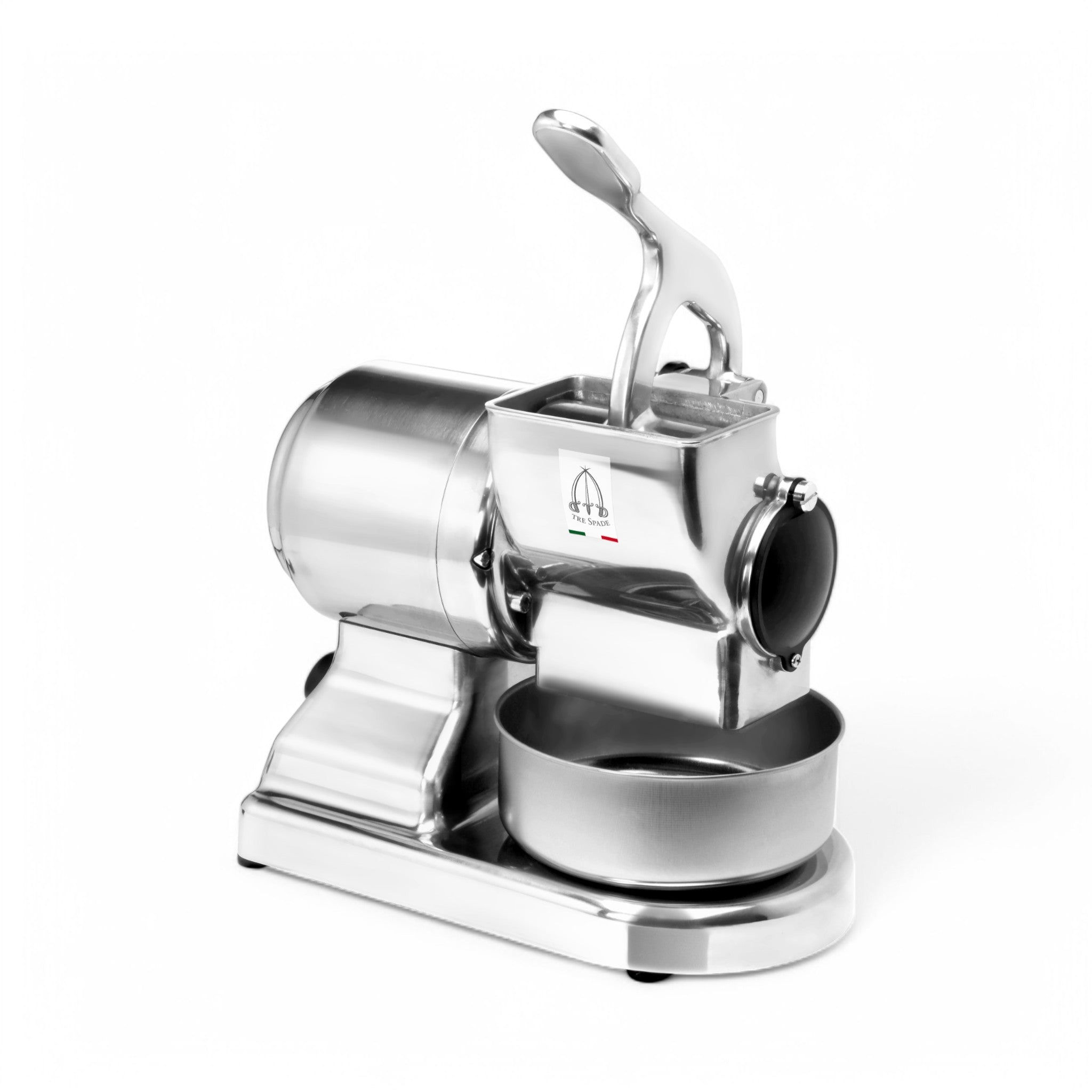 La Grattugia GF-50 BRILLIANT è una grattugia professionale in acciaio inox con motore potente, manico ergonomico, camera di grattugia cilindrica e ciotola rotonda rimovibile, presentata su sfondo bianco.