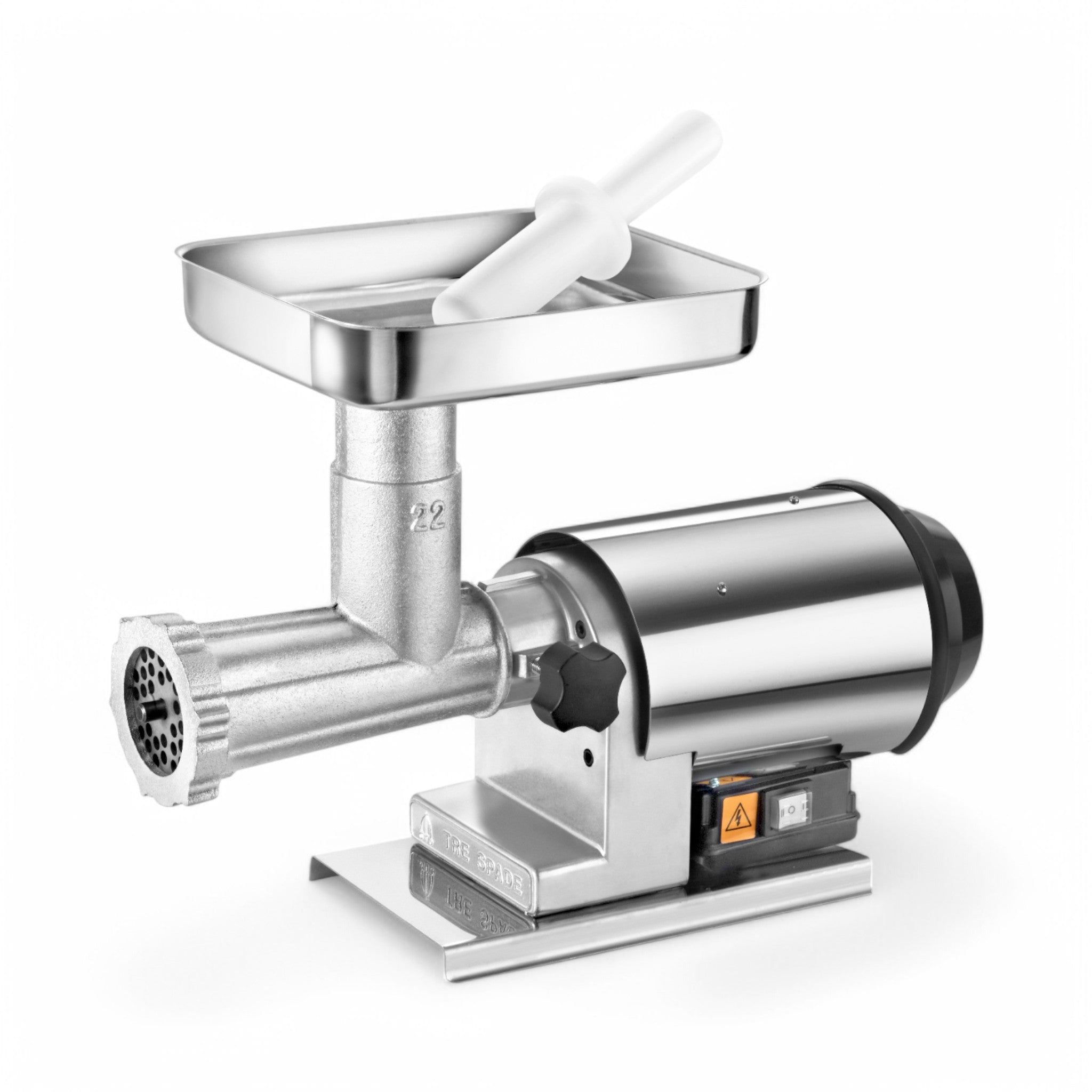 The Tritacarne elettrico TC 22 ELEGANT PLUS 0,80 HP, featuring a stainless steel body, rectangular tray, and plastic pusher on top, is ideal for grinding meat or making home sausages. Shown against a white background.