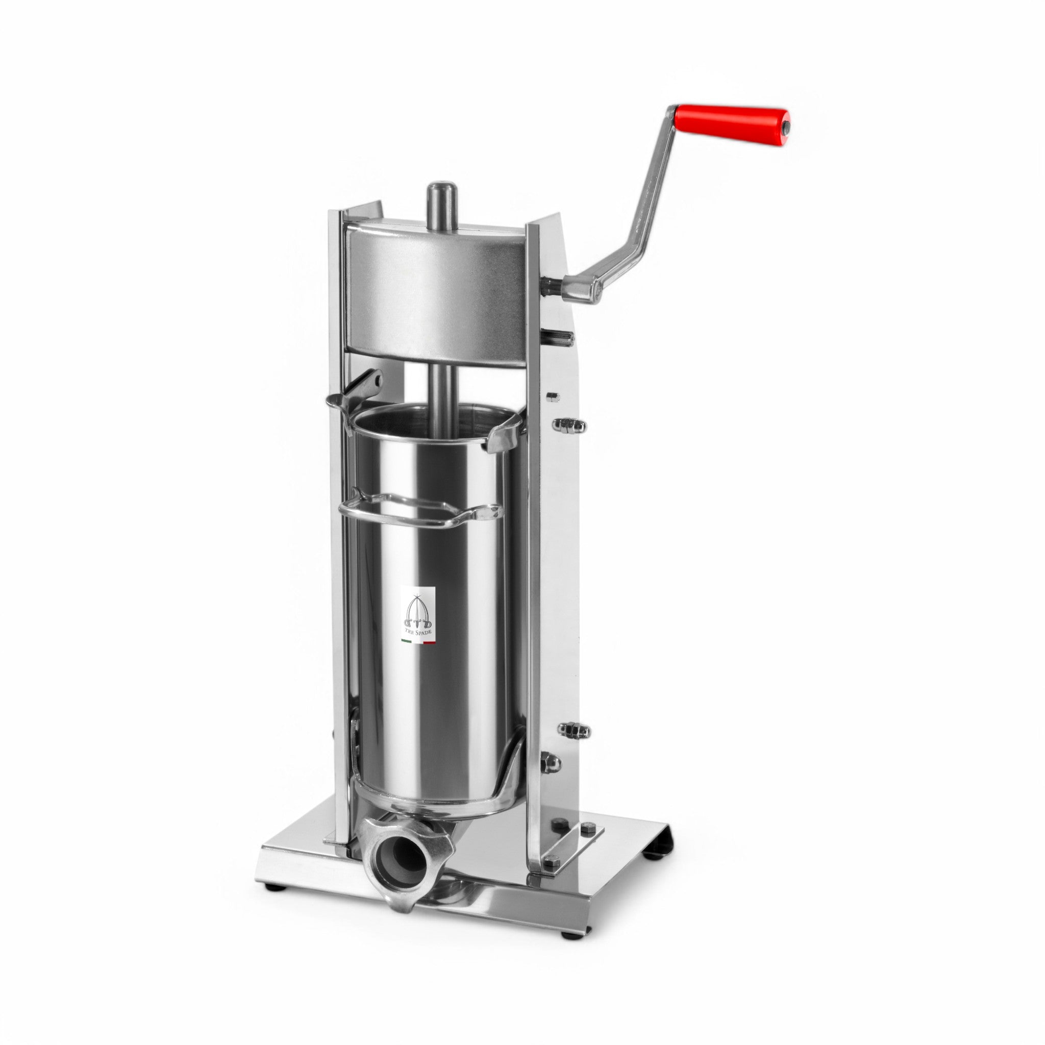 The Insaccatrice MOD 5V DELUXE verticale in inox 5 lt features a stainless steel build, sturdy base, and red handle—ideal for sausage making at home or in small commercial kitchens.