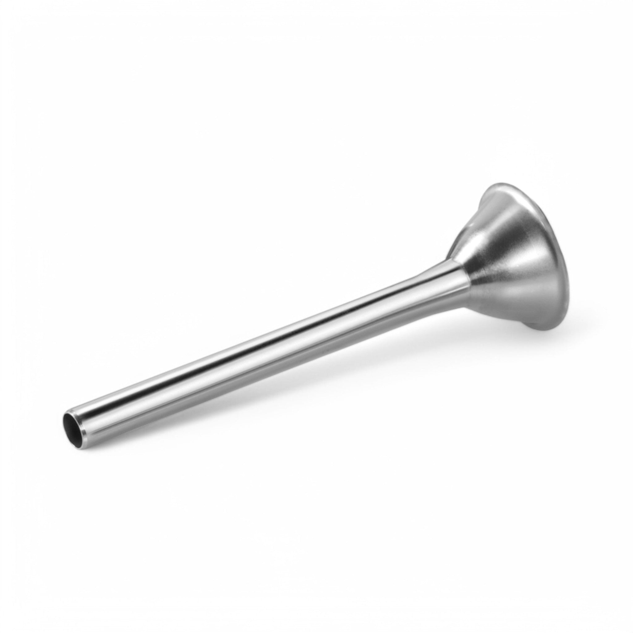 A stainless steel funnel for sausage stuffers, model Imbuto in inox per insaccatrici ø 10 mm, shown on a white background.