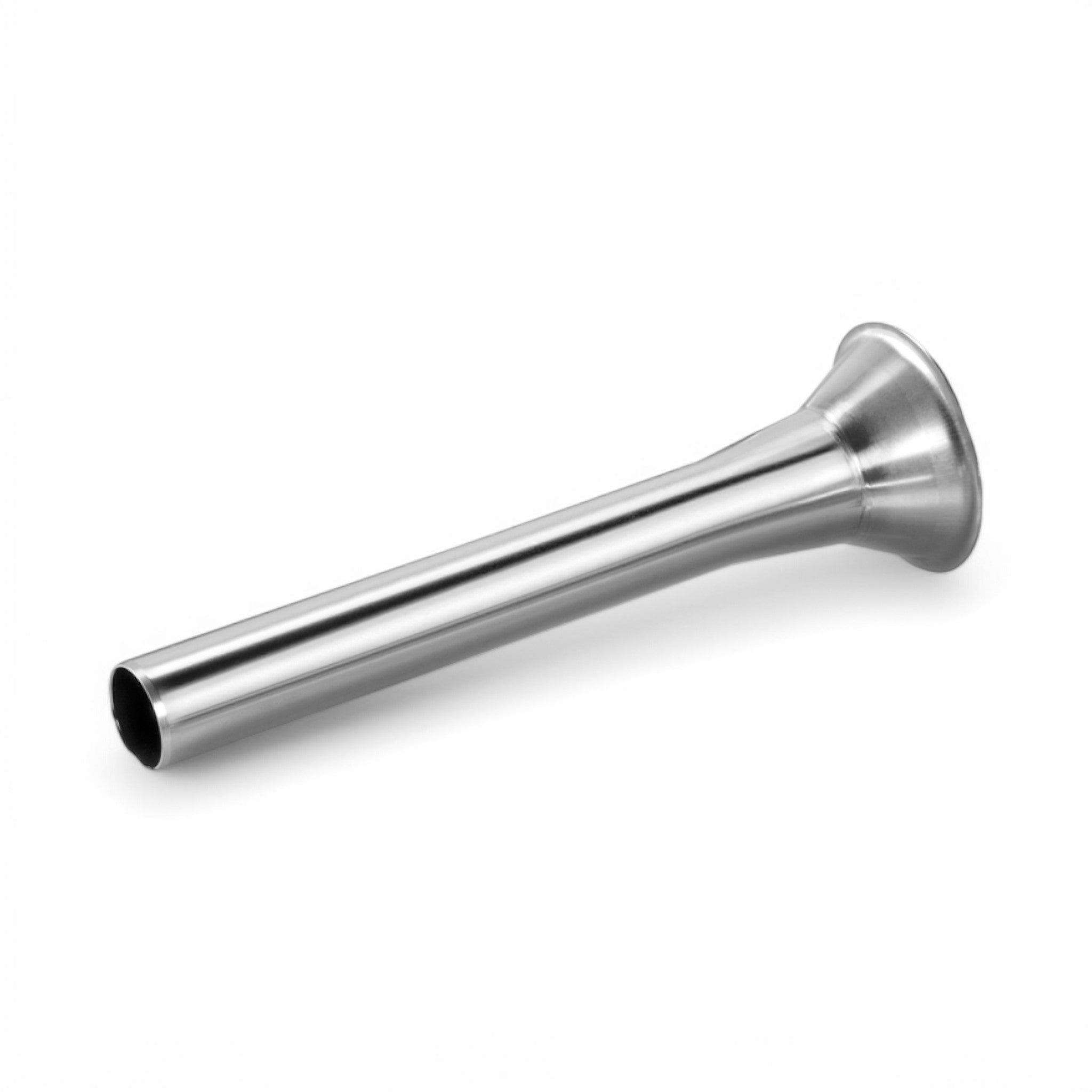 A stainless steel Imbuto in inox per insaccatrici ø 20 mm with a narrow, elongated spout and wide flared opening, set against a white background.