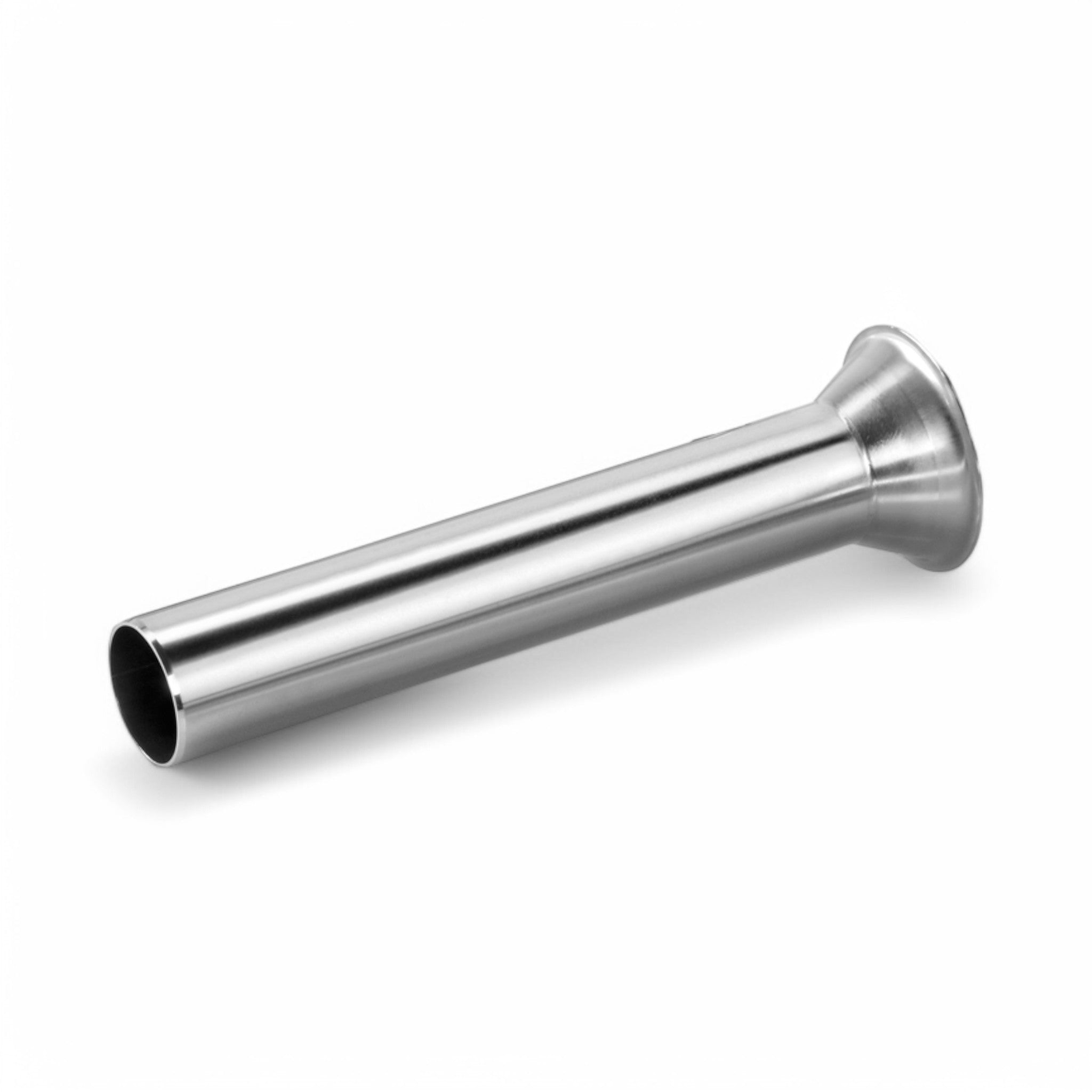 Imbuto in inox per insaccatrici ø 30 mm, with flared base and cylindrical body, designed for Tre Spade sausage stuffers, is shown lying on a white background.