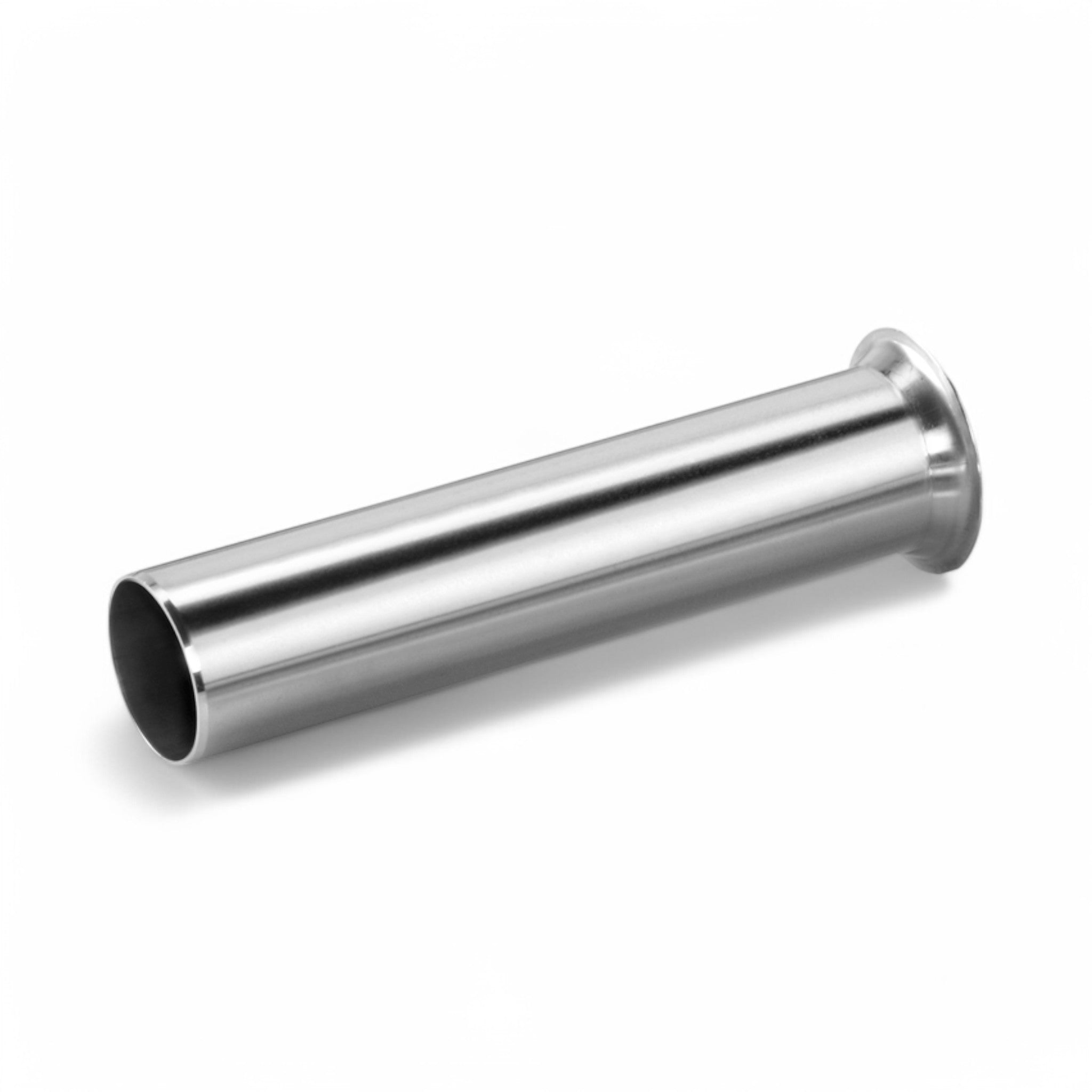A shiny, large-diameter Imbuto in inox per insaccatrici ø 40 mm with a flanged end lies diagonally on a plain white background, its cylindrical stainless steel form reminiscent of professional sausage stuffers.