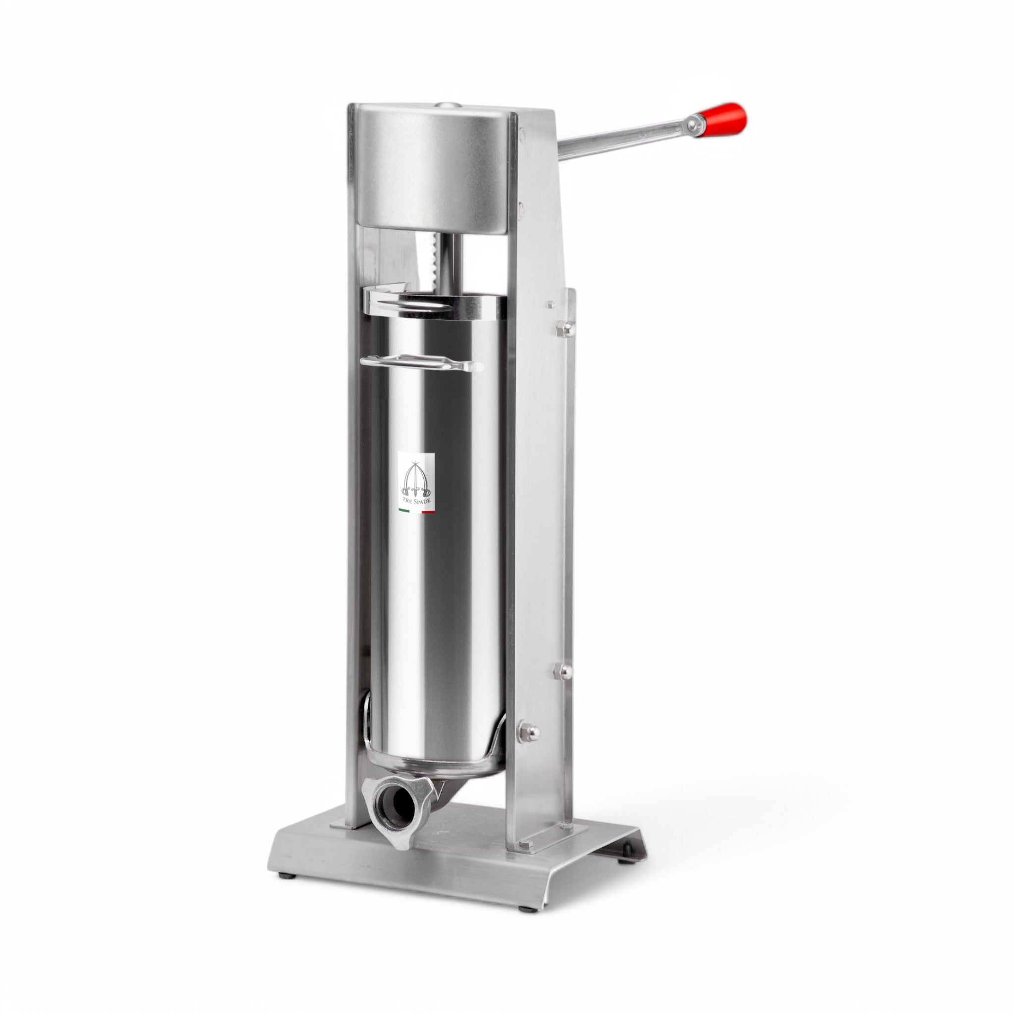 The Insaccatrice MOD 7V DELUXE verticale in inox 7 lt is a vertical stainless steel sausage stuffer with a hand crank and red handle, featuring a sturdy base and cylindrical chamber for efficient sausage making.