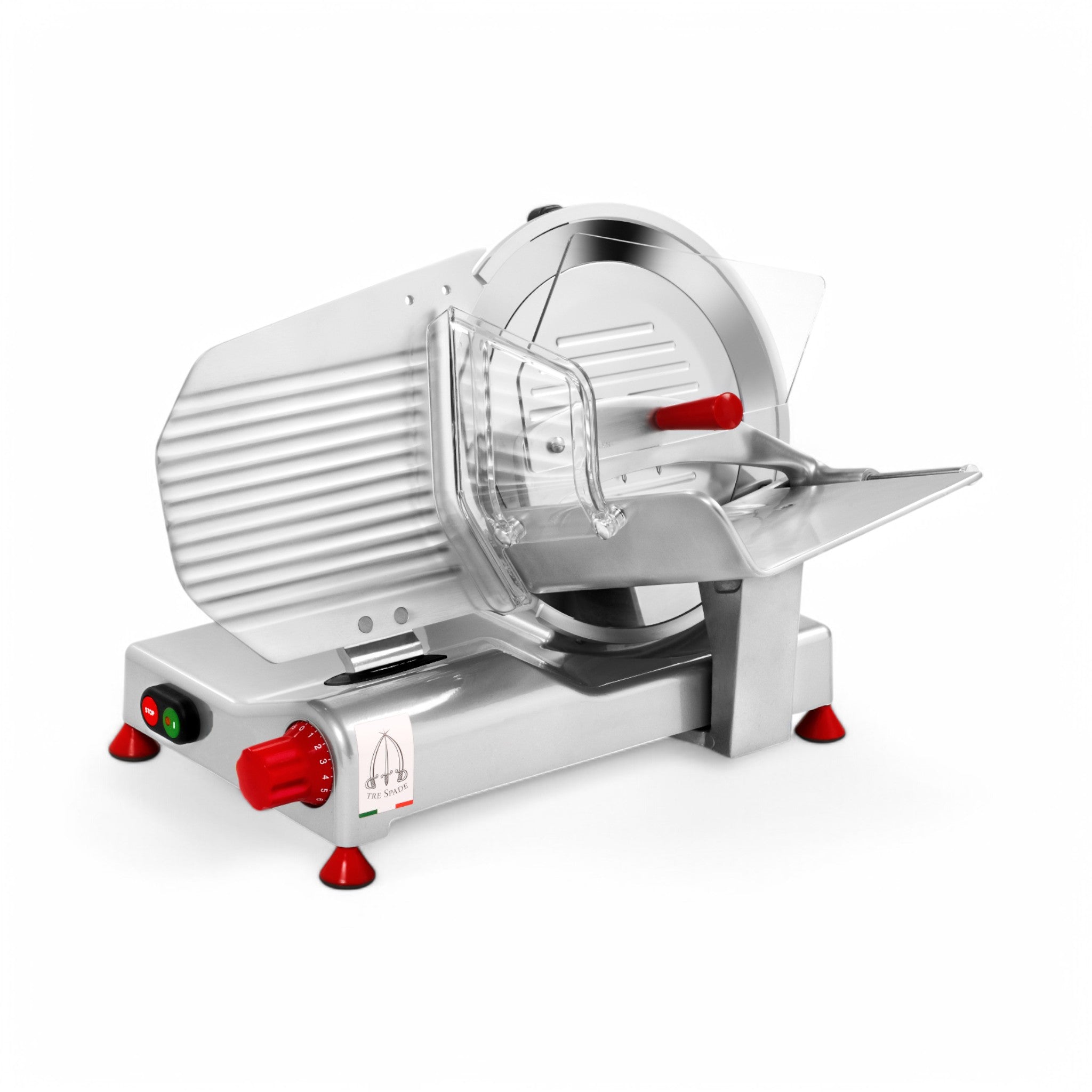 The Affettatrice D-275 PRO uso professionale features a 5 cm circular blade, metal body, red control knobs, asynchronous motor, and safety guard—ideal for slicing deli meats and cheeses.