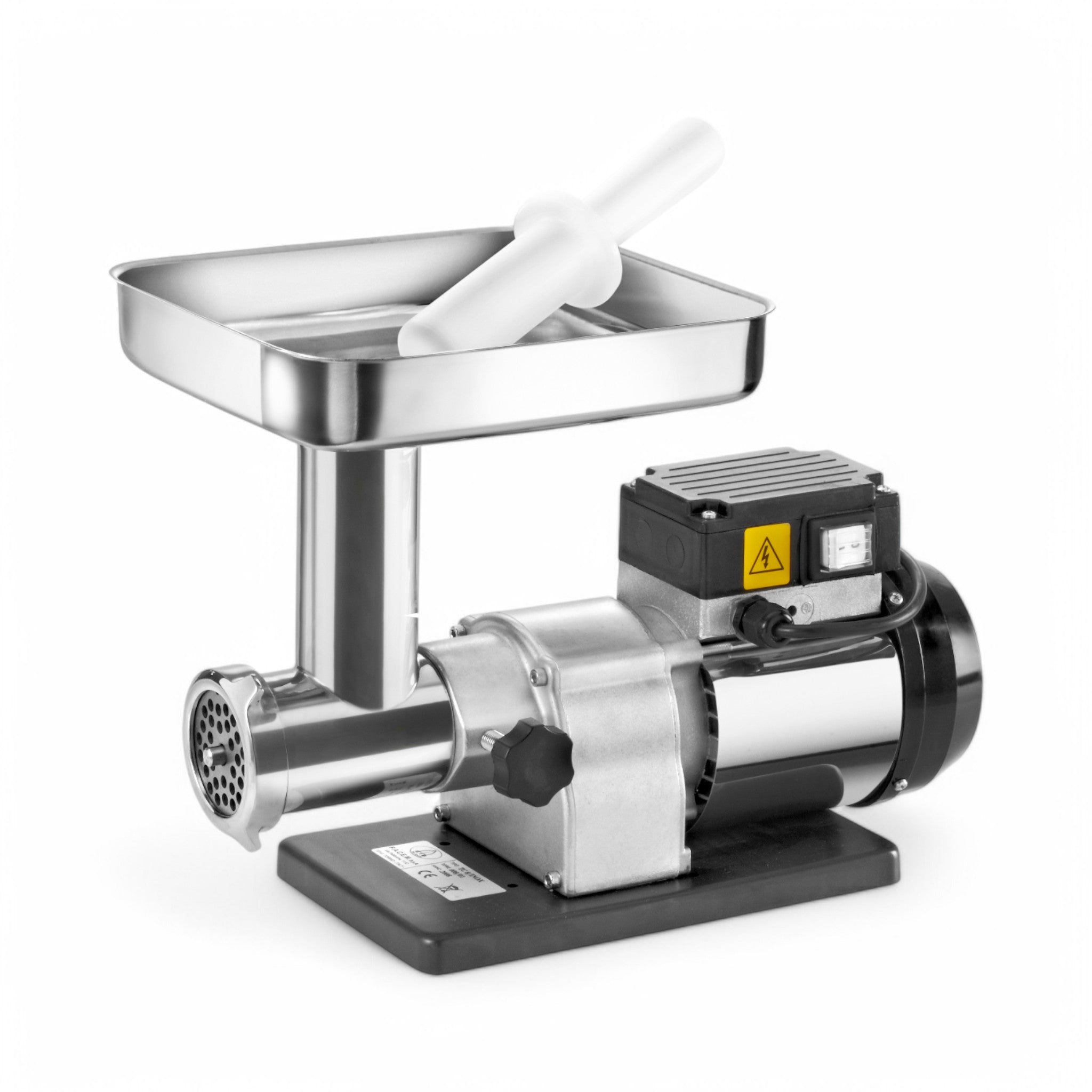 Il Tritacarne elettrico TC 8 INOX 0,40 HP in acciaio inox con base nera, vassoio e pressino, motore a induzione ventilato ed etichetta di sicurezza è presentato su sfondo bianco.