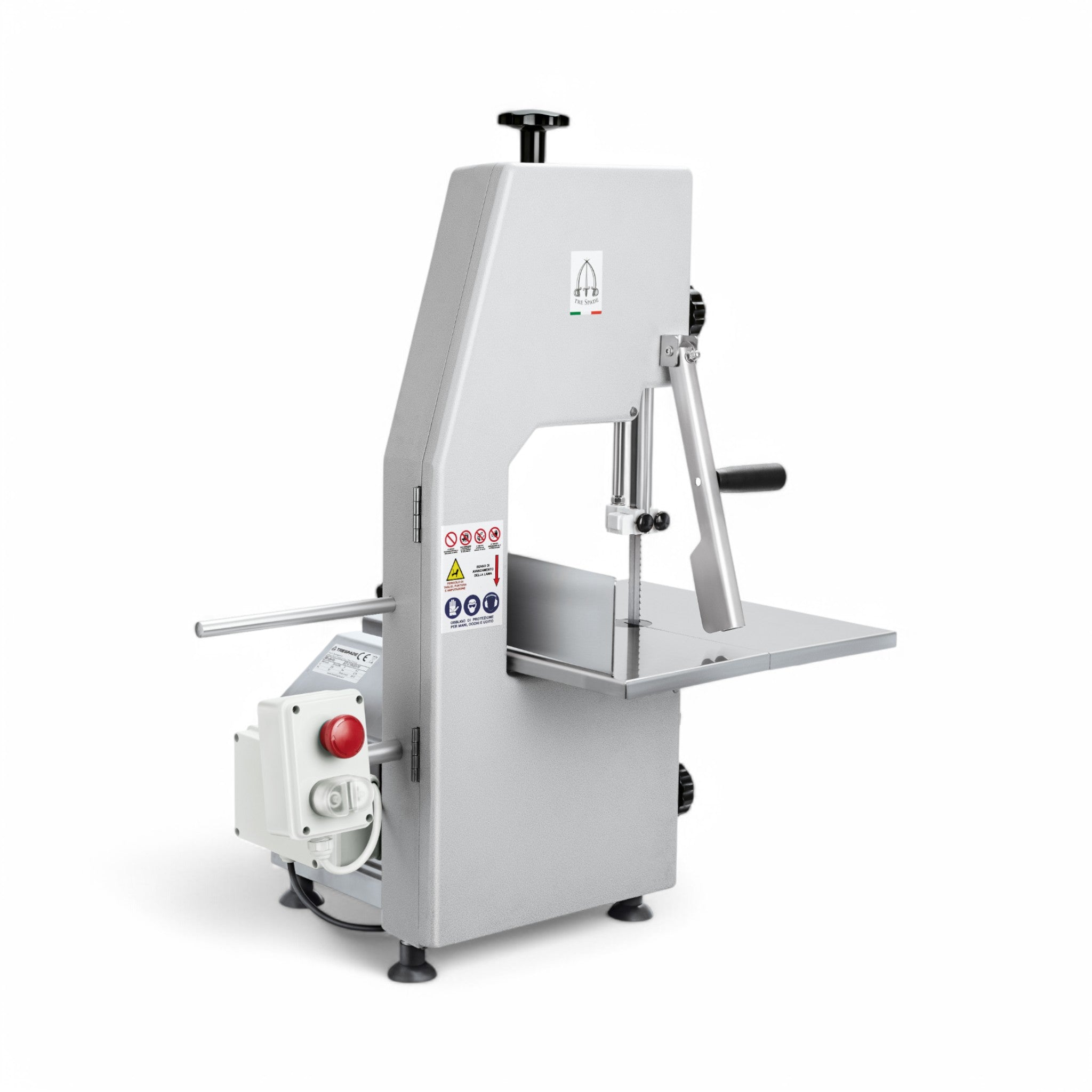 The Segaossi SO 160 V monofase features a 160 cm blade, inox steel body, side table, safety switch, and warning labels—ideal for professional meat cutting in butcheries and macelleria kitchens.