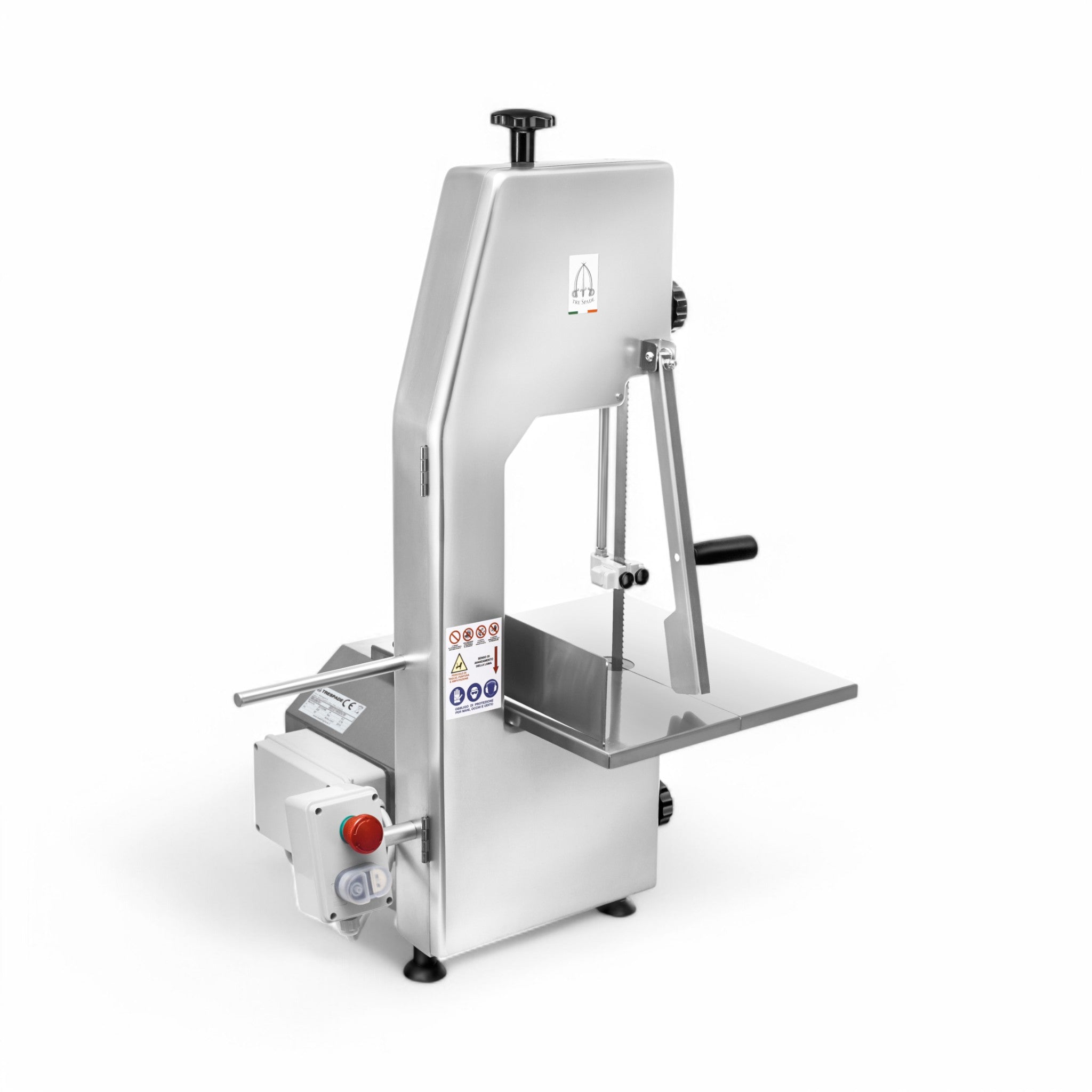 The Segaossi SO 180 PRO monofase, with a 180 cm blade, flat cutting surface, black handle, safety labels, and power switch, ensures precise cutting of meat or bones for professional use; shown on a white background.