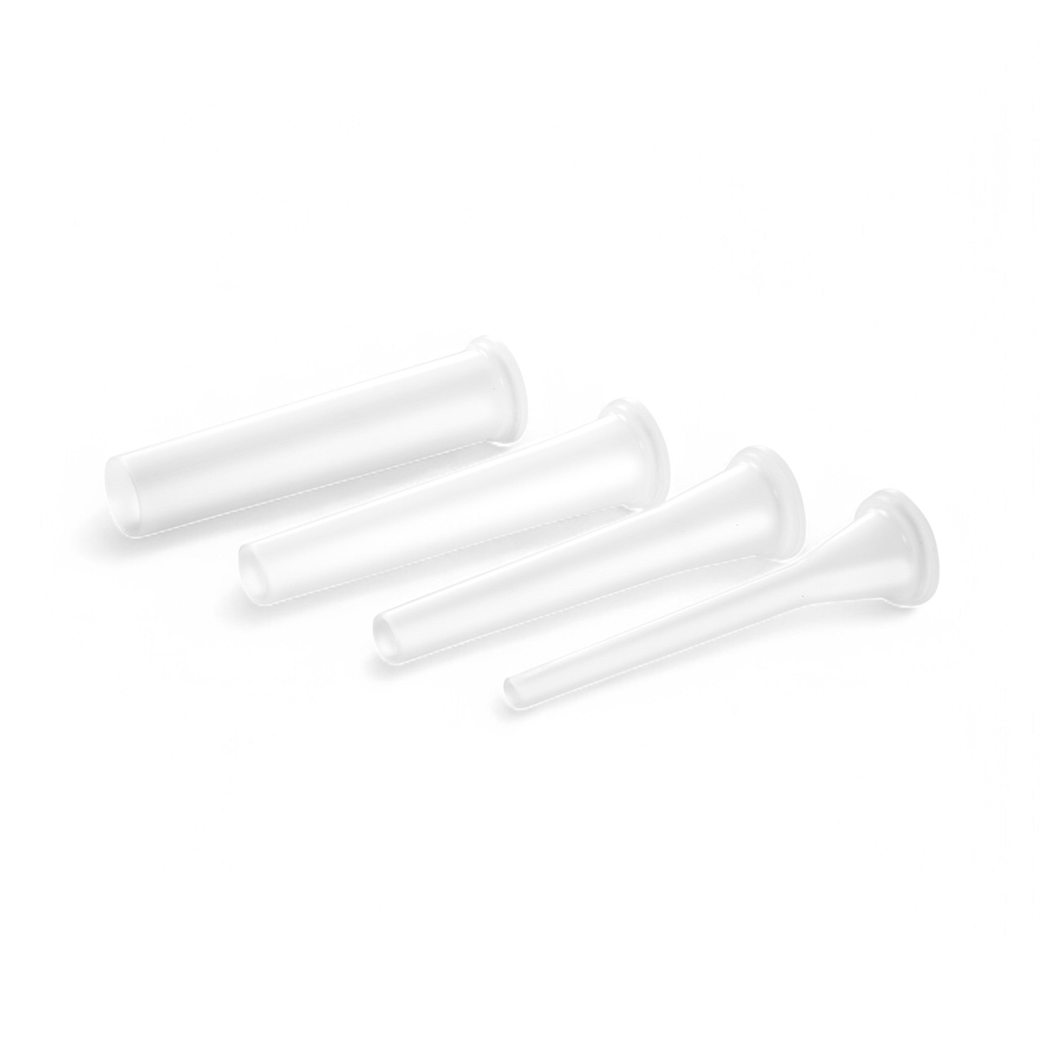 Four translucent Moplen plastic nozzles from the Kit imbuti per insaccatrici in plastica ø 10/20/30/40 mm are arranged diagonally on a white background.