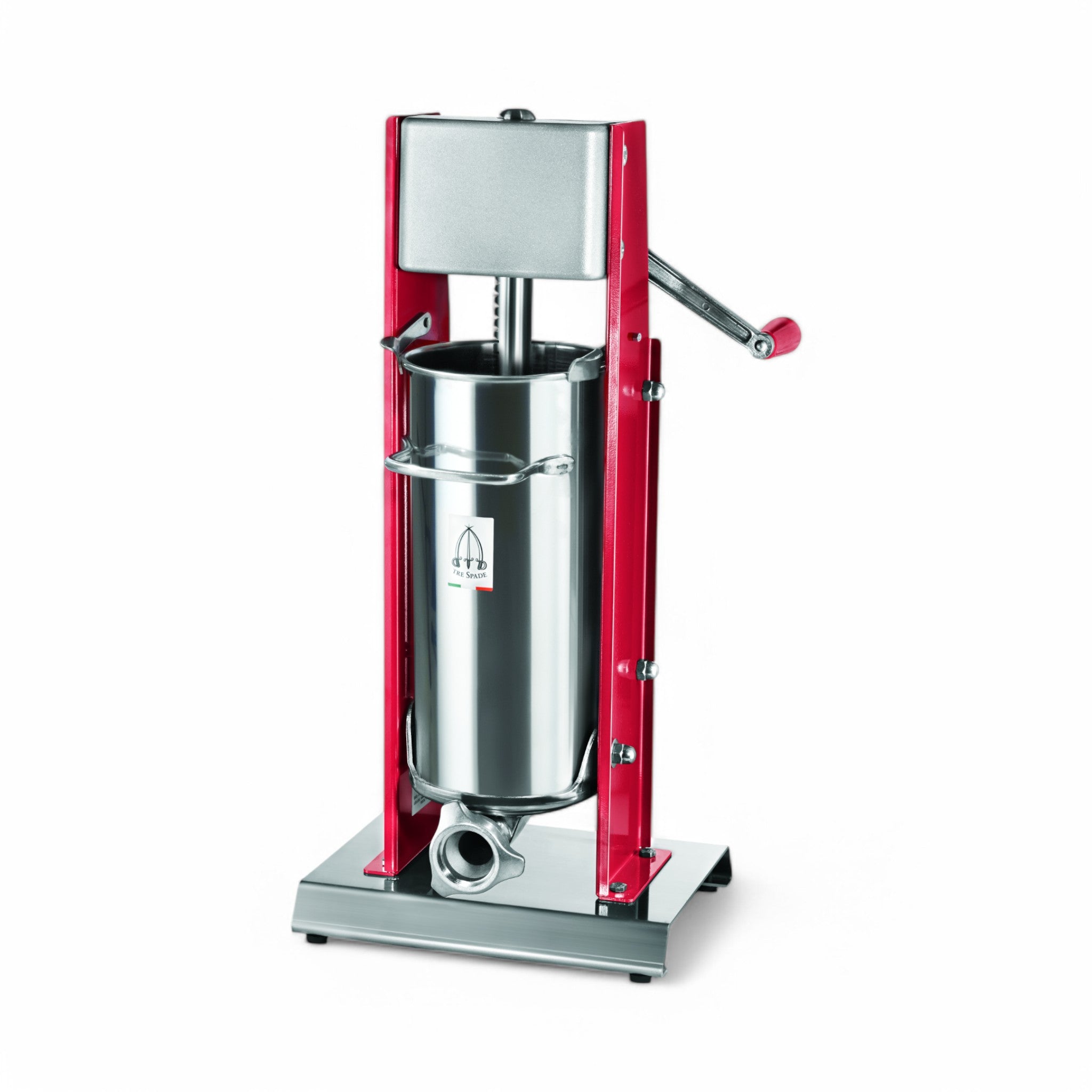 The Insaccatrice MOD 7V classica verticale 7 lt is a stainless steel sausage stuffer with a red frame, crank handle, and cylindrical chamber for filling salami casings, securely mounted on a metal base.