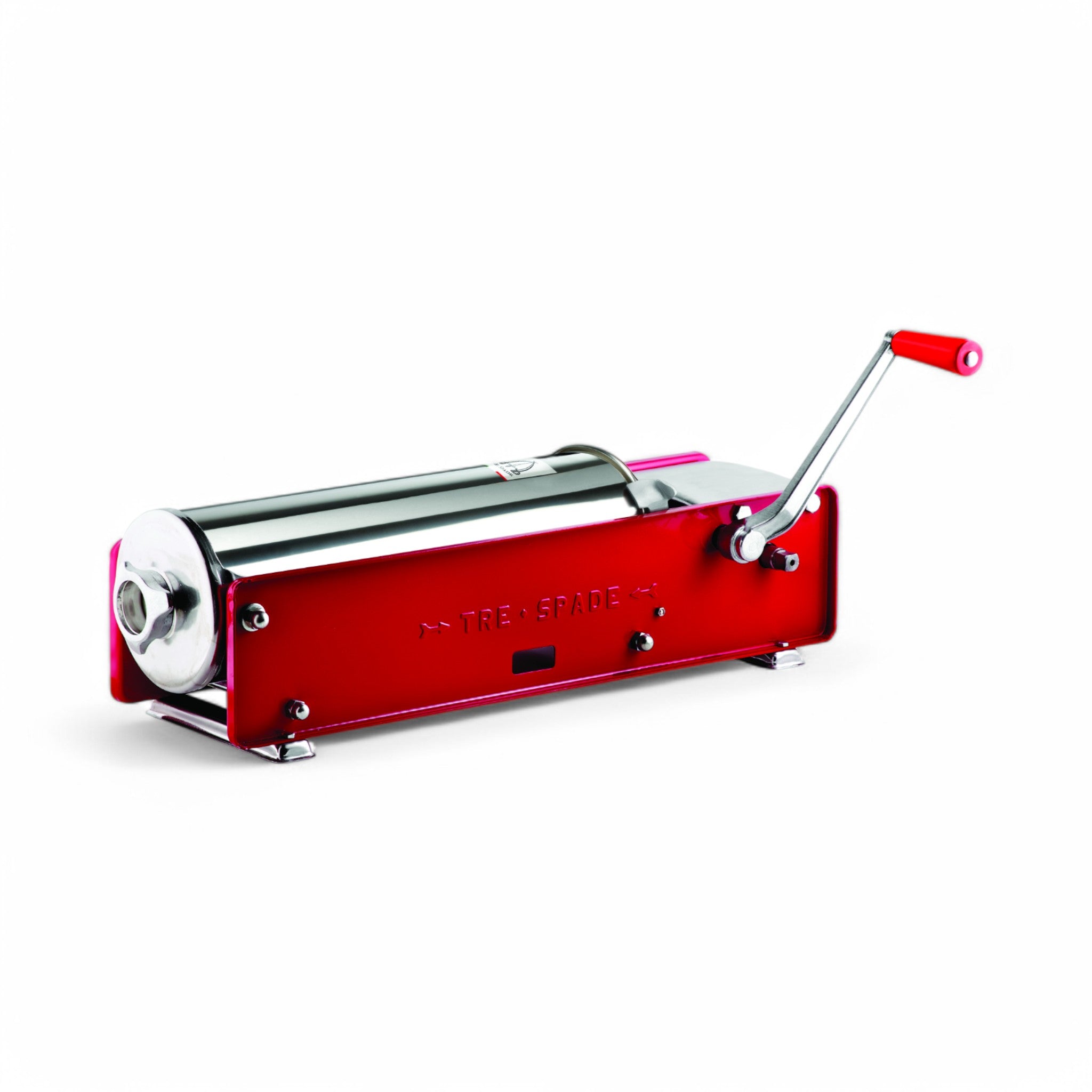 A red and silver Insaccatrice MOD 10 classica orizzontale 10 lt manual sausage stuffer with cylindrical chamber and side hand crank, shown against a white background.
