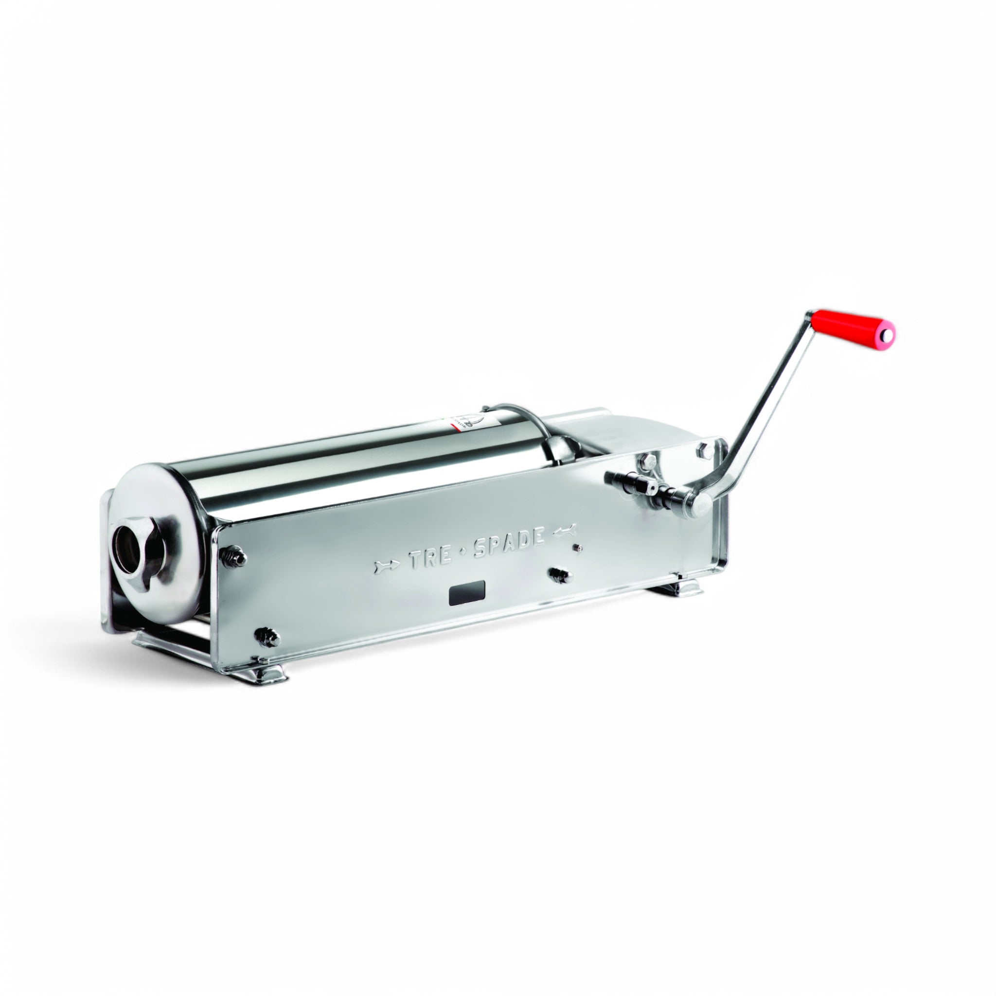 The Insaccatrice MOD 10 DELUXE orizzontale in inox 10 lt, by Tre Spade, features a red-handled crank and sleek stainless steel body—ideal for making sausages at home or in small kitchens.